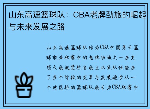 山东高速篮球队：CBA老牌劲旅的崛起与未来发展之路