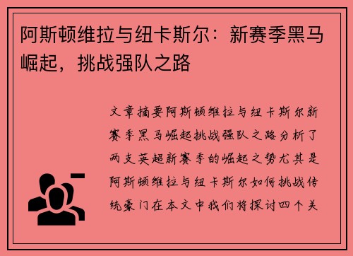 阿斯顿维拉与纽卡斯尔：新赛季黑马崛起，挑战强队之路